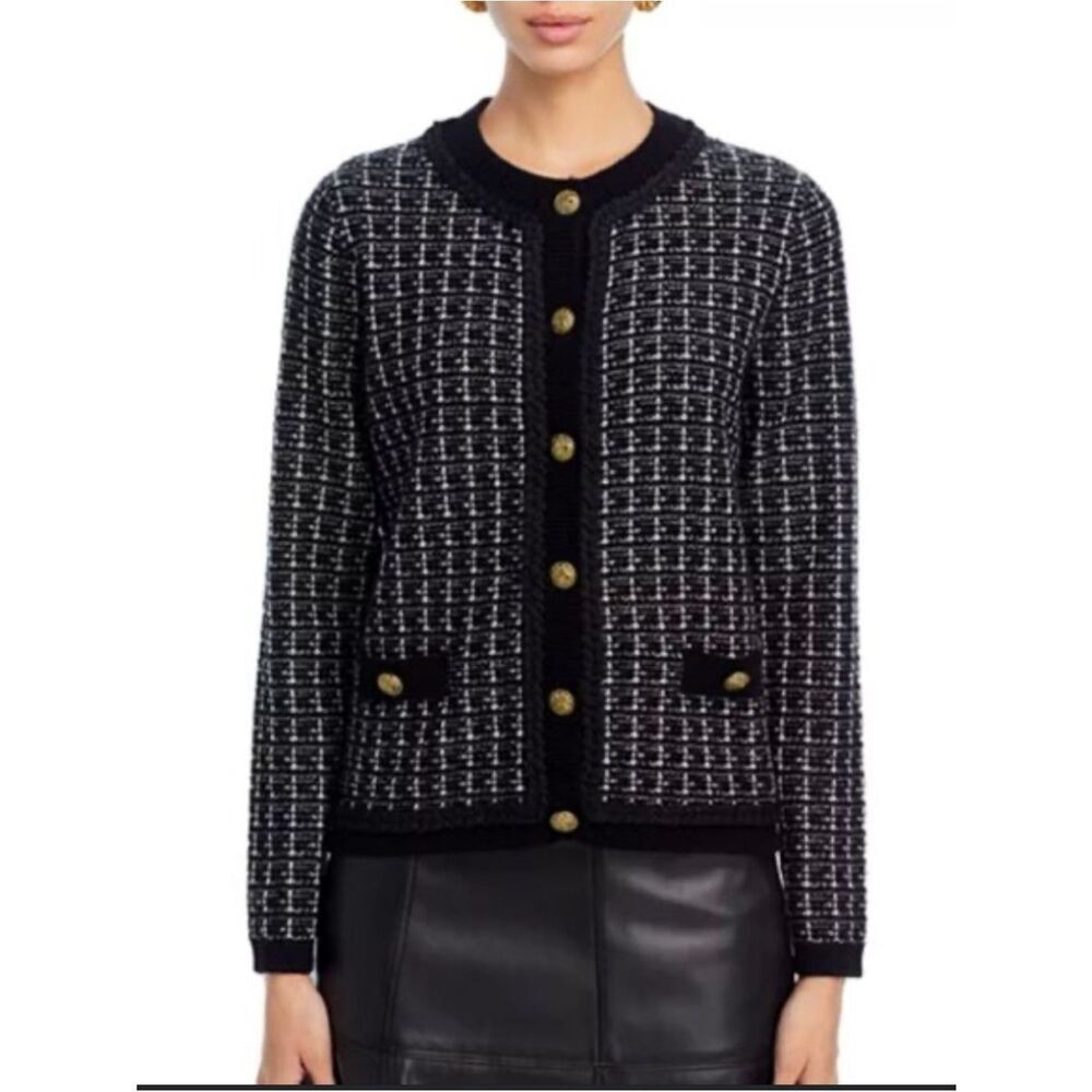 C by Bloomingdale's Cashmere Black and White Tweed Button Front Cardigan Size S